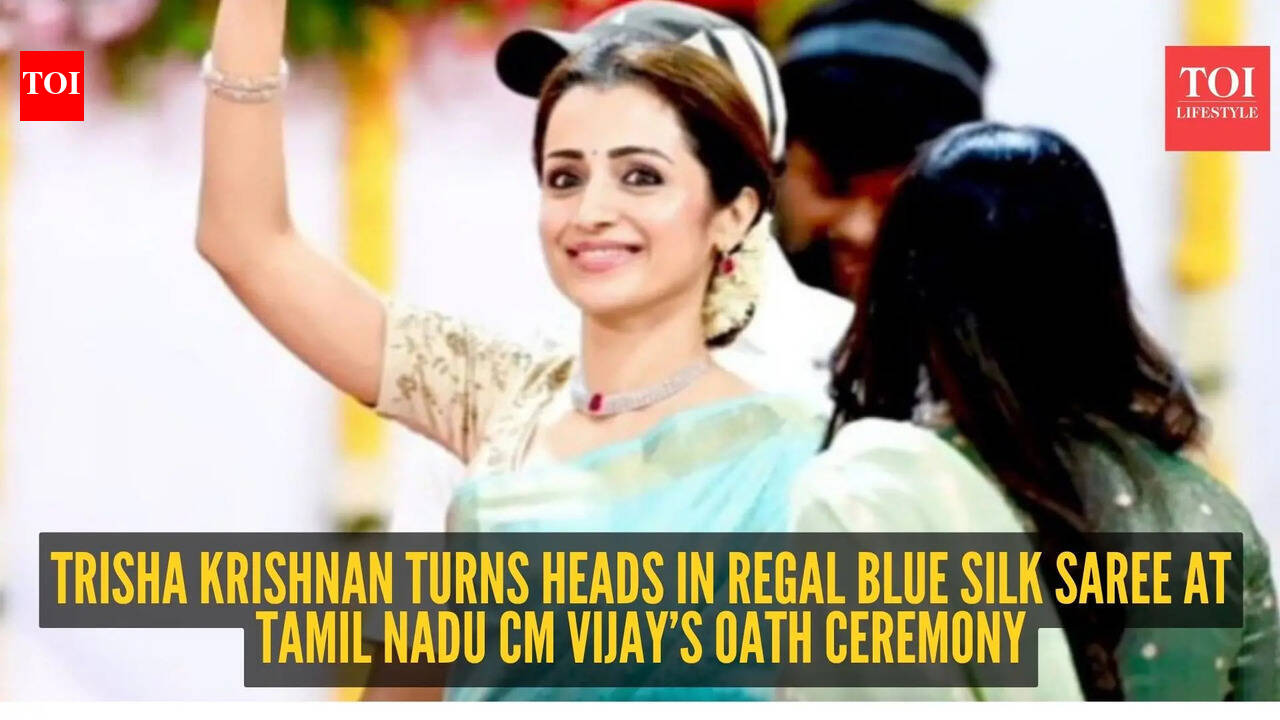 Trisha Krishnan steals the spotlight in a dreamy blue silk saree at Vijay’s oath ceremony