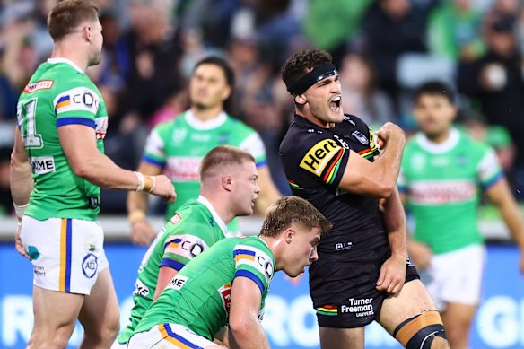 Nathan Cleary celebrates his try against Canberra on Sunday,