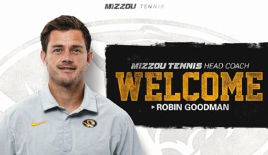 Graphic celebrating four Mizzou women’s tennis student-athletes named to the Academic All-District Team. The design features Andrea Artimedi, Gian Octa, Zoe Lazar, and Korina Roso posed in black-and-gold Missouri tennis uniforms against a light gray background. One athlete holds a tennis ball toward the camera while two others hold racquets. Large gold text reading “ACADEMIC” dominates the center with a black banner below that says “ALL-DISTRICT TEAM.” The Mizzou logo appears at the top above the Academic All-District Team emblem, and the athletes’ names are listed along the bottom above a gold footer labeled “2025 Mizzou Tennis.”