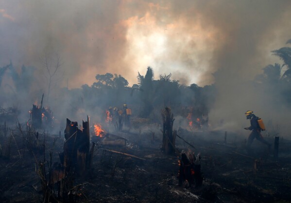 Fire brigade members work to put out a wildfire in Apui, Amazonas state, Brazil, Sept. 21, 2022. (AP Photo/Edmar Barros, File)