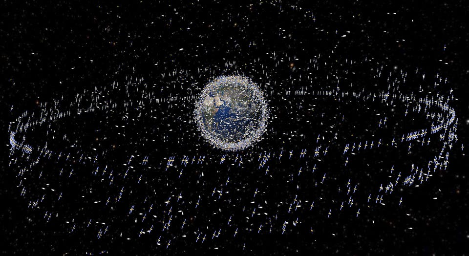 European Space Agency image of Earth surrounded by 12,000 satellites