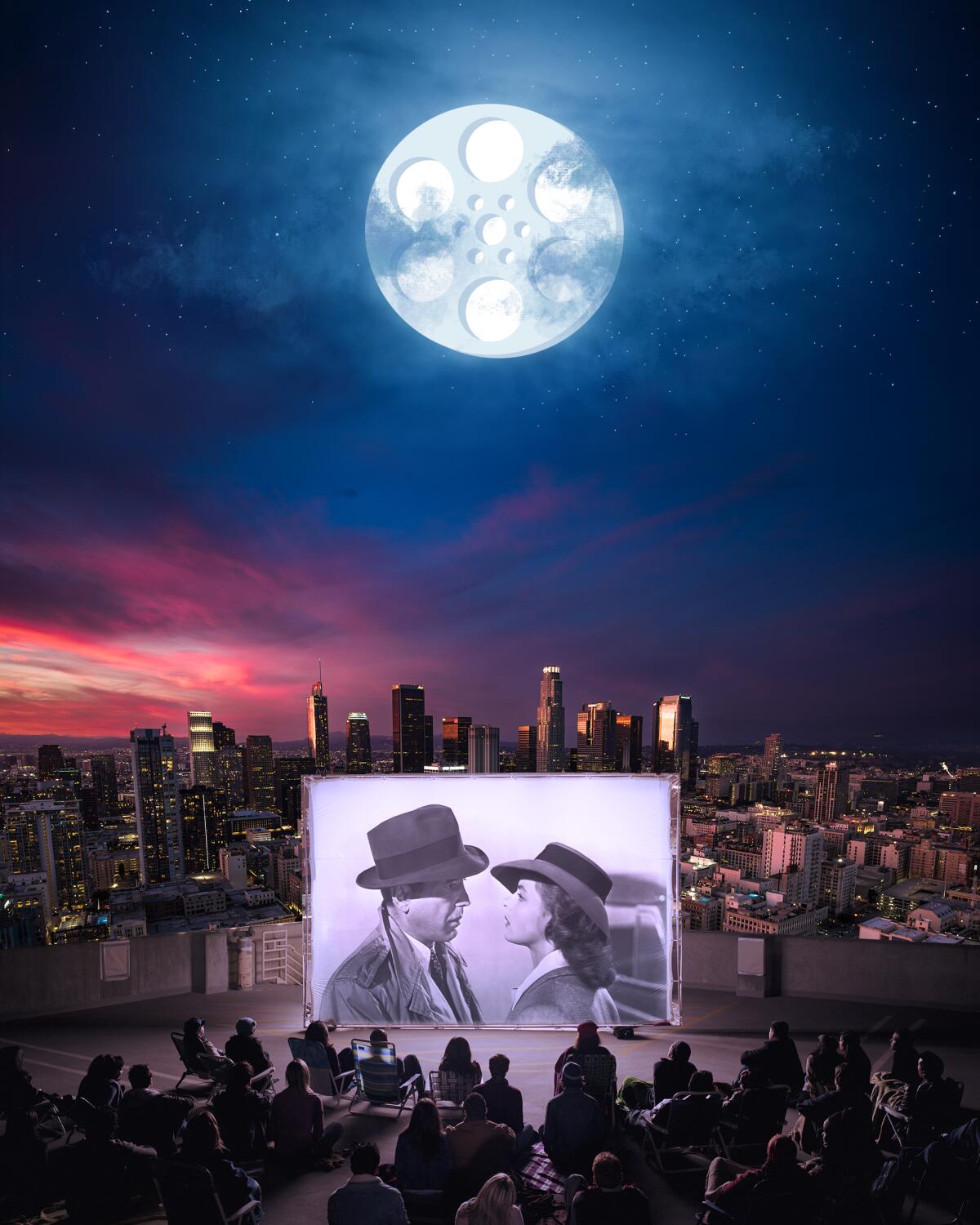 photo illustration of people watching a rooftop movie in Los Angeles. The moon overhead looks like a film reel.
