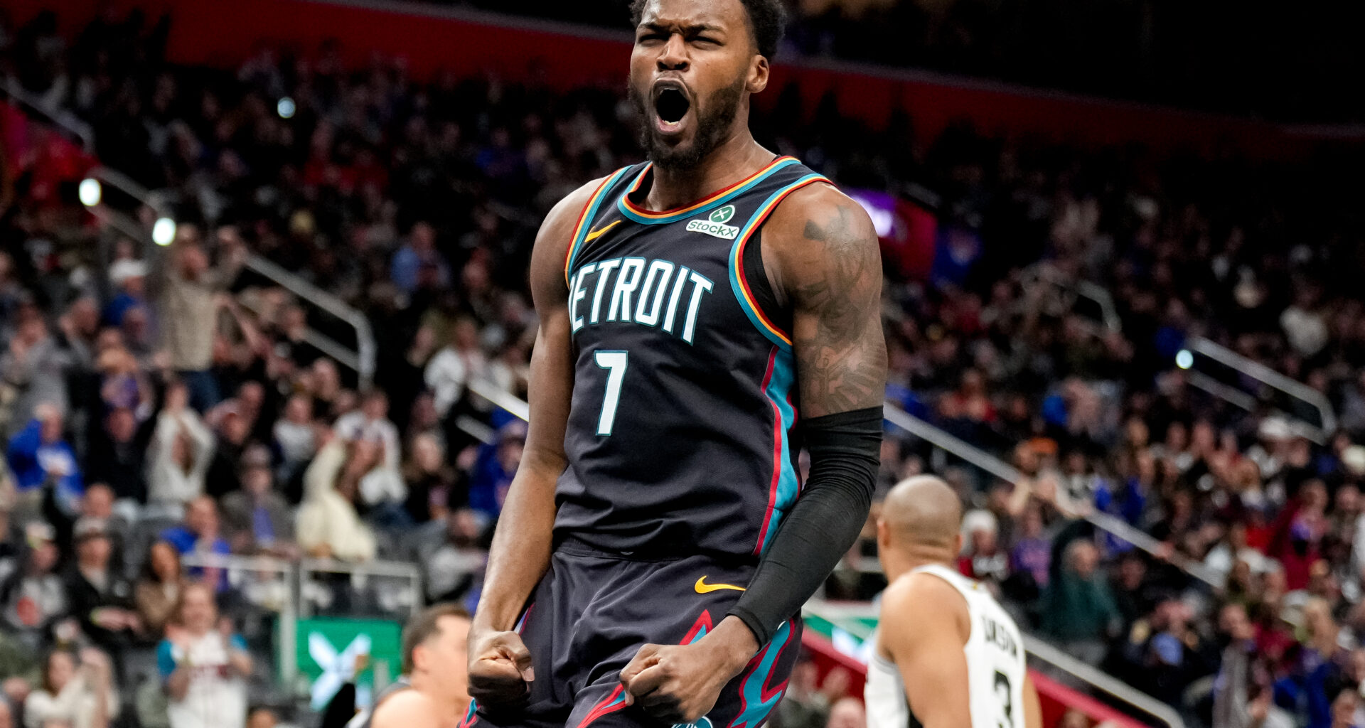DETROIT, MICHIGAN - FEBRUARY 23: Paul Reed #7 of the Detroit Pistons reacts after dunking the ball against the San Antonio Spursduring the second quarter at Little Caesars Arena on February 23, 2026 in Detroit, Michigan.