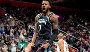 DETROIT, MICHIGAN - FEBRUARY 23: Paul Reed #7 of the Detroit Pistons reacts after dunking the ball against the San Antonio Spursduring the second quarter at Little Caesars Arena on February 23, 2026 in Detroit, Michigan.