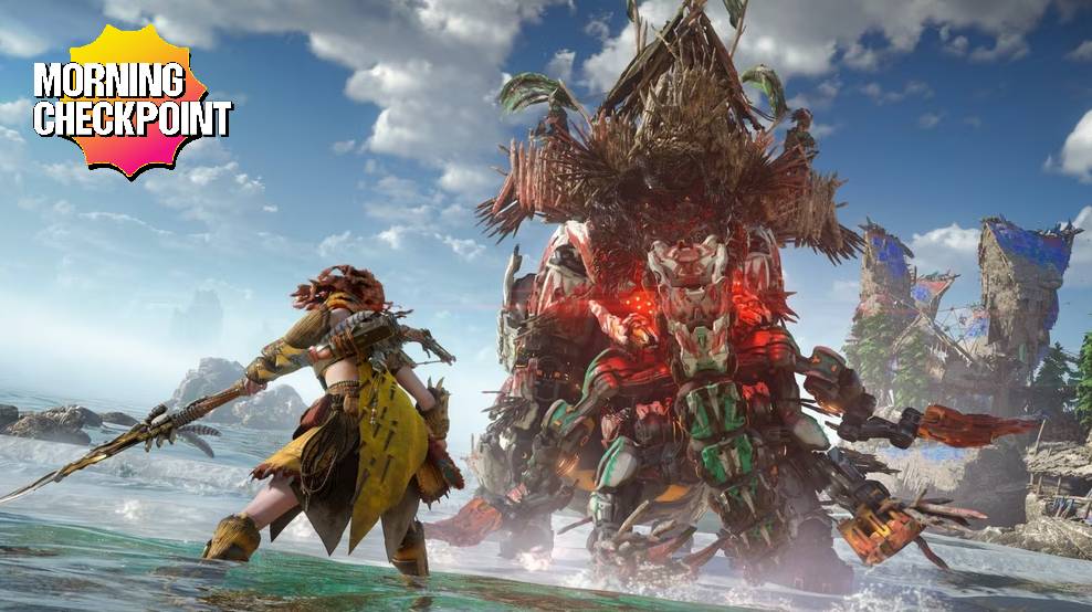 Aloy fights a giant robot in the water.