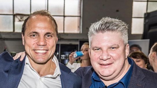 Rugby Australia boss Phil Waugh (left) with Melbourne Rebels president Paul Docherty in happier times.
