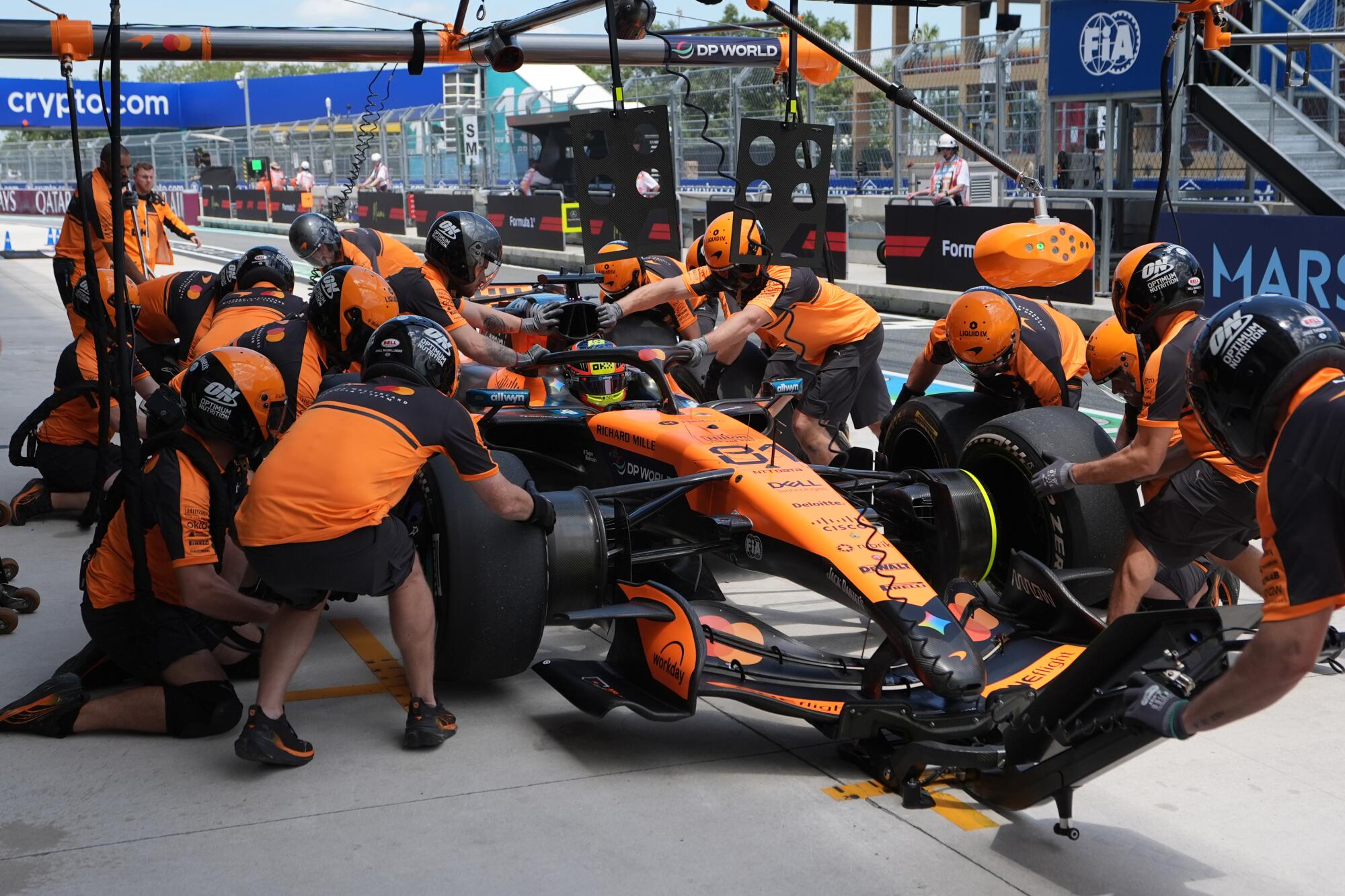 McLaren driver Oscar Piastri pits for new tires during a practice session ahead of the Miami Grand Prix on May 1.