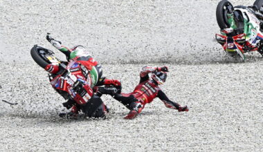 Pecco Bagnaia, Johann Zarco, Turn 1 crash, 2026 Catalan MotoGP.
