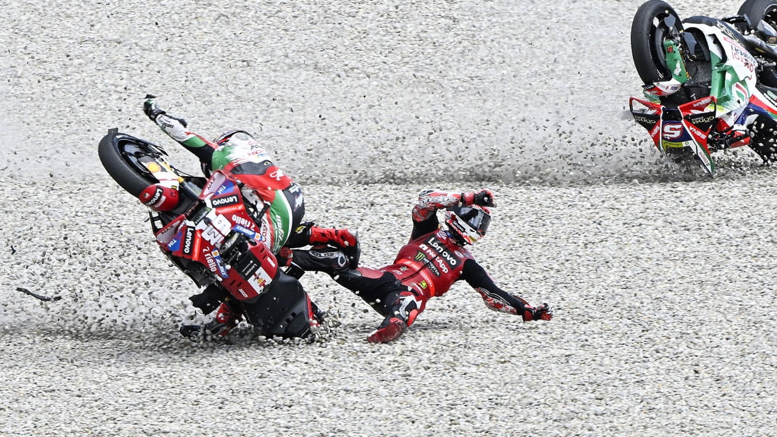 Pecco Bagnaia, Johann Zarco, Turn 1 crash, 2026 Catalan MotoGP.