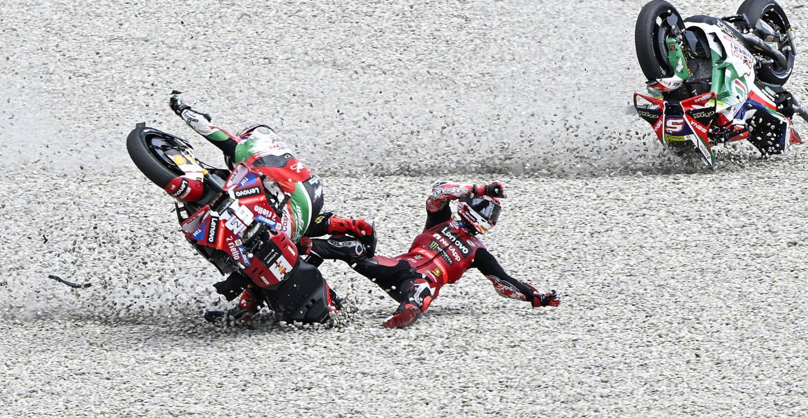 Pecco Bagnaia, Johann Zarco, Turn 1 crash, 2026 Catalan MotoGP.