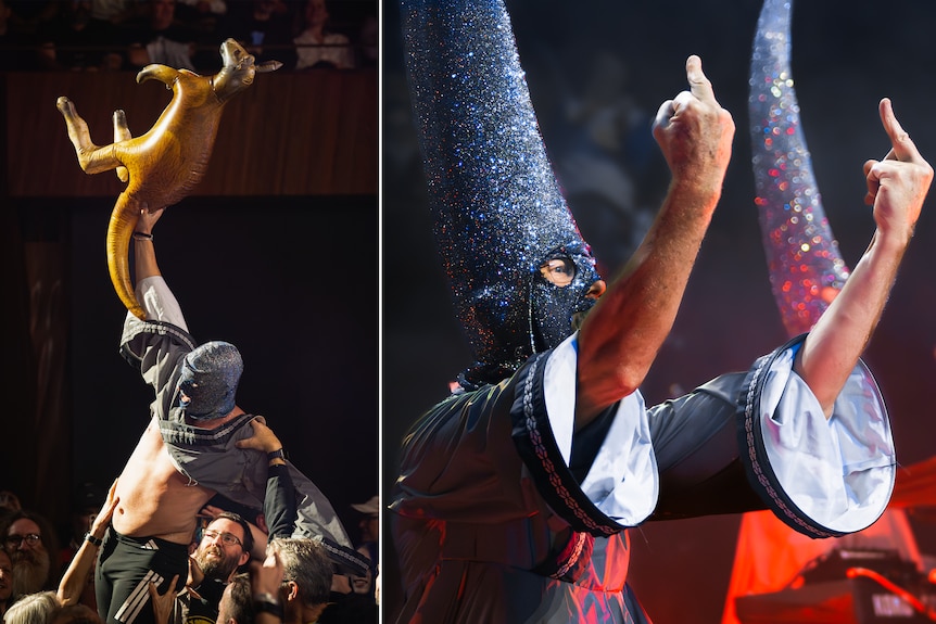 A two-photo composite of a masked man hoisting a blow-up kangaroo and another flipping his middle fingers. 
