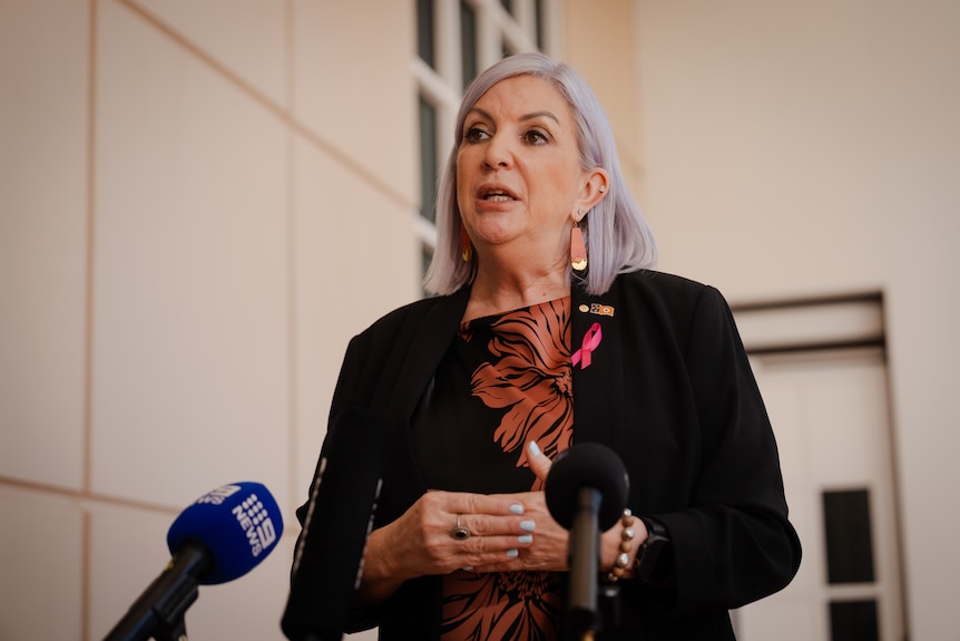 A politician speaking at a microphone