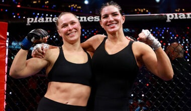INGLEWOOD, CALIFORNIA - MAY 16: Ronda Rousey and Gina Carano pose for a photo after their featherweight bout during the main card of Netflix's Ronda Rousey vs. Gina Carano at Intuit Dome on May 16, 2026 in Inglewood, California.