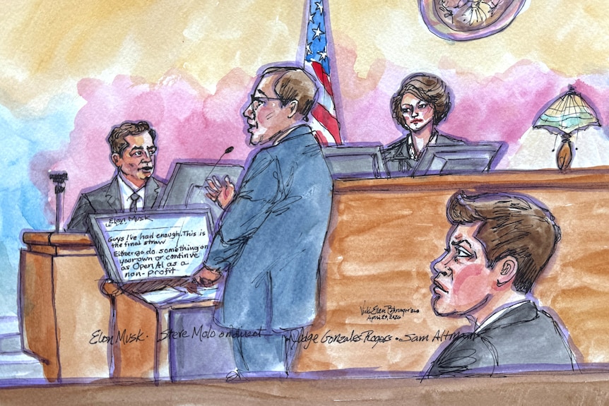 elon musk in a courtroom sketch on the witness stand