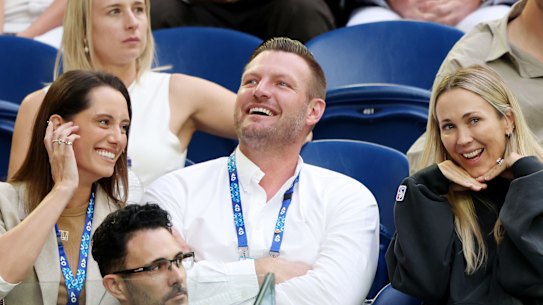 Sam Groth at this year’s Australian Open with wife Brittany and Bec Hewitt.