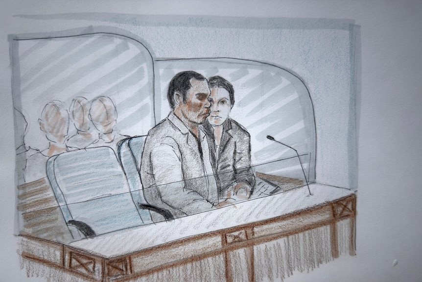 A sketch of a man in a court dock with a woman leaning in speaking to him