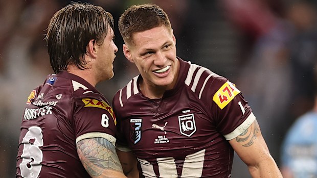 Cameron Munster and Kalyn Ponga celebrate during game two of the Men's State of Origin series between Queensland Maroons and New South Wales Blues at Optus Stadium on June 18, 2025 in Perth, Australia. (Photo by Cameron Spencer/Getty Images)