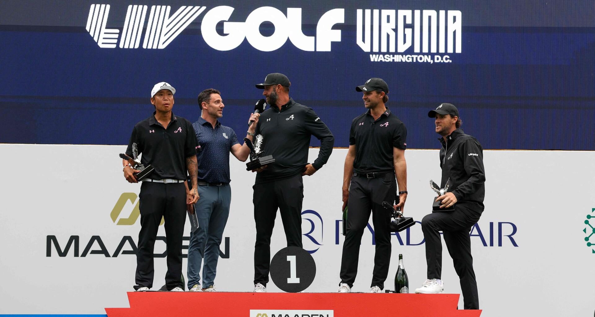 From left, Anthony Kim, Dustin Johnson, Thomas Pieters and Thomas Detry of 4Aces GC attend day four of LIV Golf Virginia at Trump National Golf Club  in Sterling, Virginia, May 10, in this Getty Images photo. AFP-Yonhap