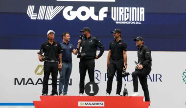 From left, Anthony Kim, Dustin Johnson, Thomas Pieters and Thomas Detry of 4Aces GC attend day four of LIV Golf Virginia at Trump National Golf Club  in Sterling, Virginia, May 10, in this Getty Images photo. AFP-Yonhap