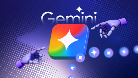 Two robotic hands pointing at a 3D colorful Gemini app icon.