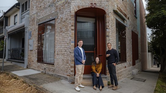Architects Daniel North and Catherine Downie, and owner Will Blackwell at the Corner Shop House in Camperdown.