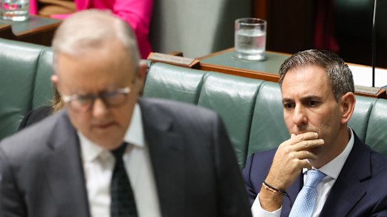 Prime Minister Anthony Albanese and Treasurer Jim Chalmers during question time today.