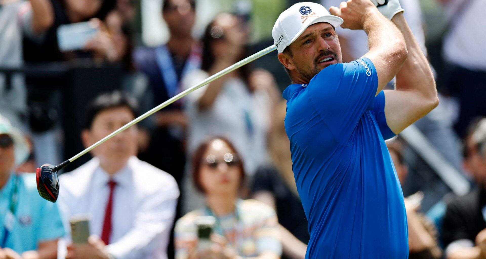 Bryson DeChambeau of the United States hits a tee shot during the first round of LIV Golf Korea at Asiad Country Club in the southeastern city of Busan, Thursday. Reuters-Yonhap