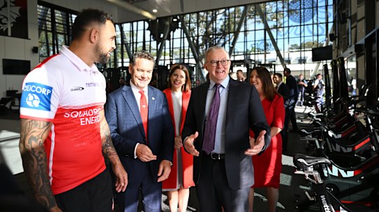 Prime Minister Anthony Albanese tours the Dragons’ new centre of excellence with club chairman Andrew Lancaster and prop Josh Kerr.