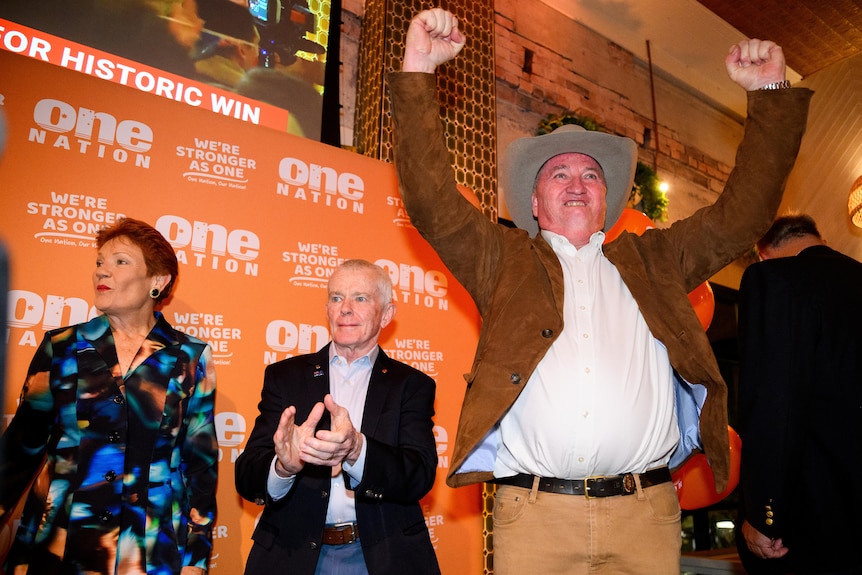 One Nation member for New England Barnaby Joyce celebrates at the One Nation Farrer by-election win.