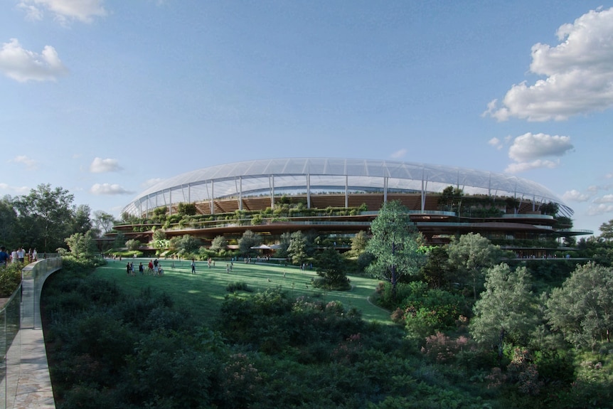 A render of a a stadium in the middle of parkland.