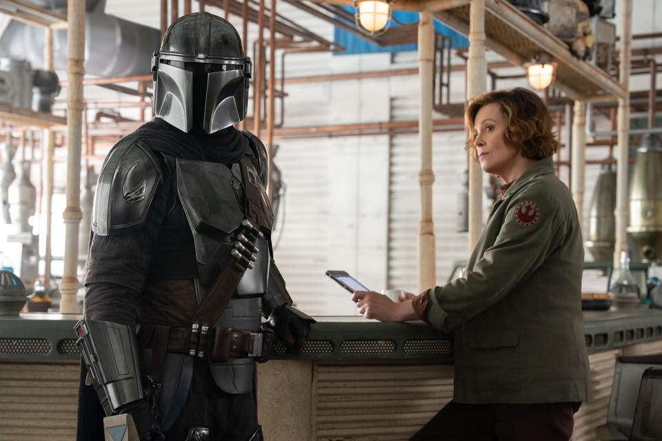 Pedro Pascal and Sigourney Weaver in "The Mandalorian and Grogu."