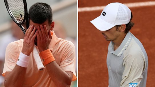 SMH/AGE composite Novak Djokovic and Alex de Minaur after separate losses in Roland-Garros third round.