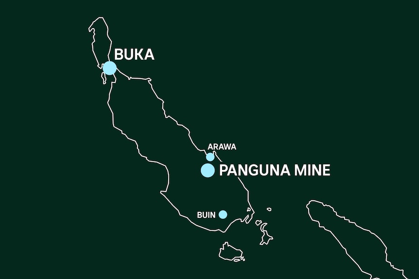 A map showing Bougainville, the capital Buka in the north, and Panguna mine and former capital Arawa in the east.