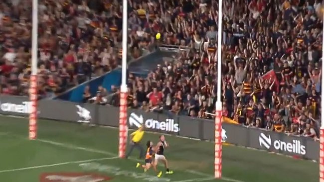 The mood at Adelaide oval rapidly when the umpires decided this was not a goal, but a free kick to Port Adelaide.