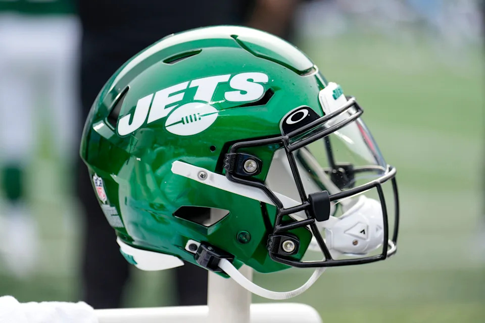Aug 12, 2023; Charlotte, North Carolina, USA; New York Jets helmet during the second quarter against the Carolina Panthers at Bank of America Stadium. Mandatory Credit: Jim Dedmon-USA TODAY Sports
