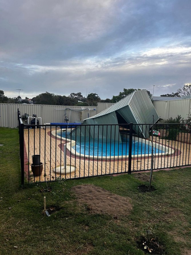 Perth storm. A shed ended up in a pool in Mandurah. 