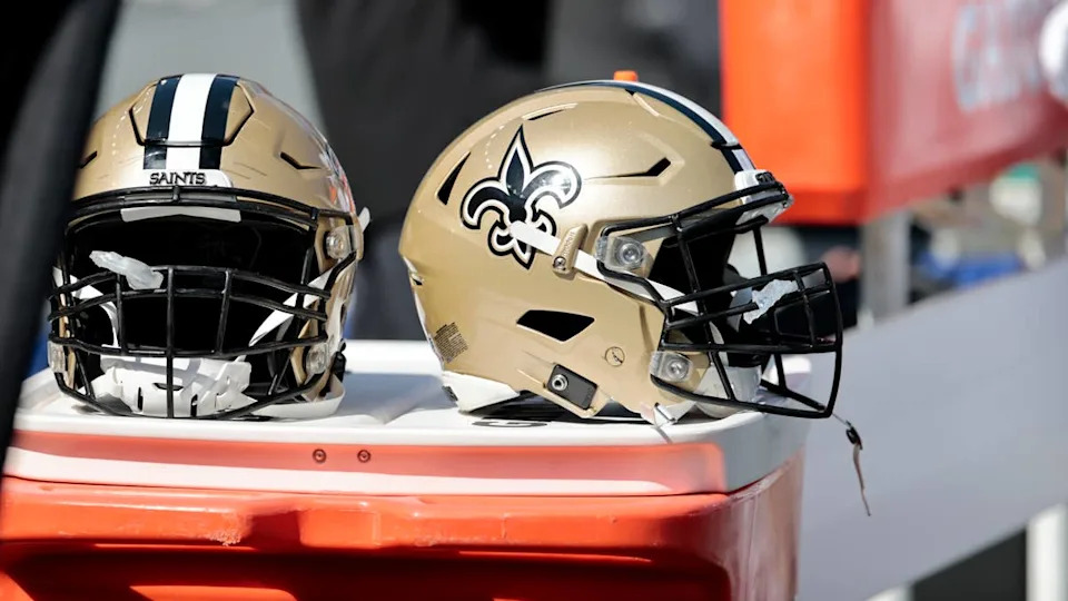FOXBOROUGH, MA - SEPTEMBER 26: Saints helmets during a game between the <a class="link " href="https://sports.yahoo.com/nfl/teams/new-england/" data-i13n="sec:content-canvas;subsec:anchor_text;elm:context_link" data-ylk="slk:New England Patriots;sec:content-canvas;subsec:anchor_text;elm:context_link;itc:0" data-yga="{"yLinkElement":"context_link","yModuleName":"content-canvas","yLinkText":"New England Patriots","ySubModuleName":"anchor_text","yHasCommerce":false}">New England Patriots</a> and the New Orleans Saints on September 26, 2021 at Gillette Stadium in Foxborough, Massachusetts. (Photo by Fred Kfoury III/Icon Sportswire via Getty Images)Icon Sportswire&sol;Getty Images