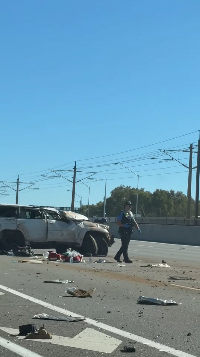 Vision of the crash on the Mitchell Freeway at the Powis St offramp at midday on Sunday Picture: 7NEWS