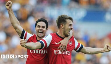 Aaron Ramsey and Mikel Arteta celebrate at the final whistle after the FA Cup final between Arsenal and Hull City at Wembley Stadium in 2014