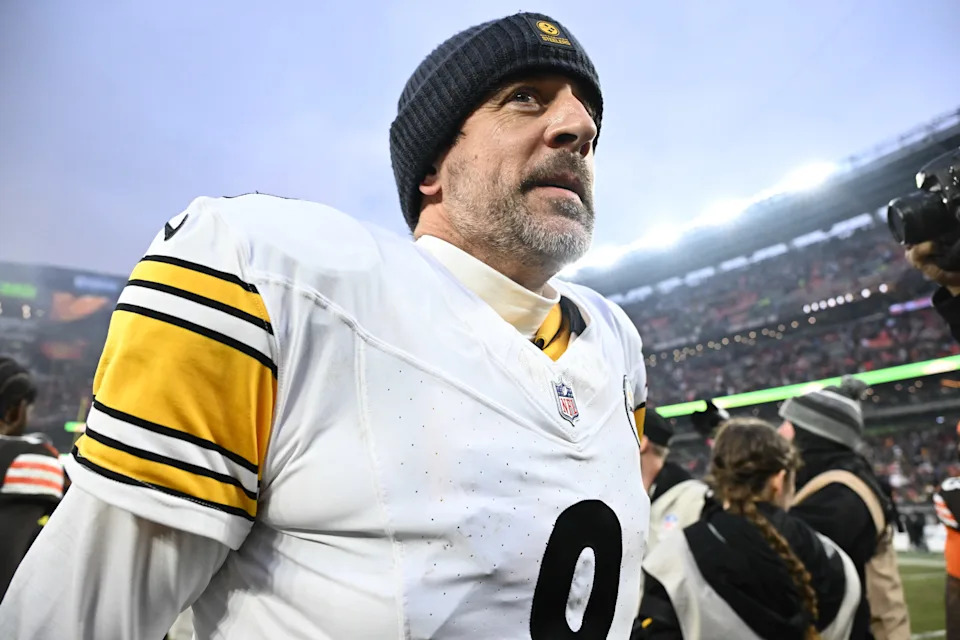 Dec 28, 2025; Cleveland, Ohio, USA; Pittsburgh Steelers quarterback Aaron Rodgers (8) looks on after the game against the Cleveland Browns at Huntington Bank Field. Mandatory Credit: Ken Blaze-Imagn Images