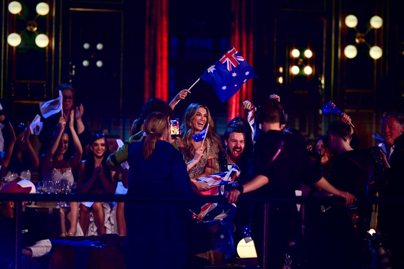 Delta Goodrem reacts during the second Semi-Final of the 70th Eurovision Song Contest.