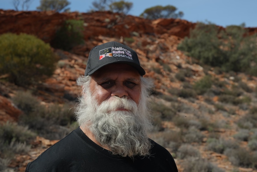 A man wearing a black cap with a long beard stands in front of a hill.