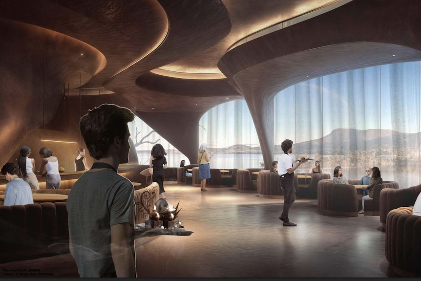 An artist's impression of the interior of a cafe with lounge-style seating and a waiter walking across the room.