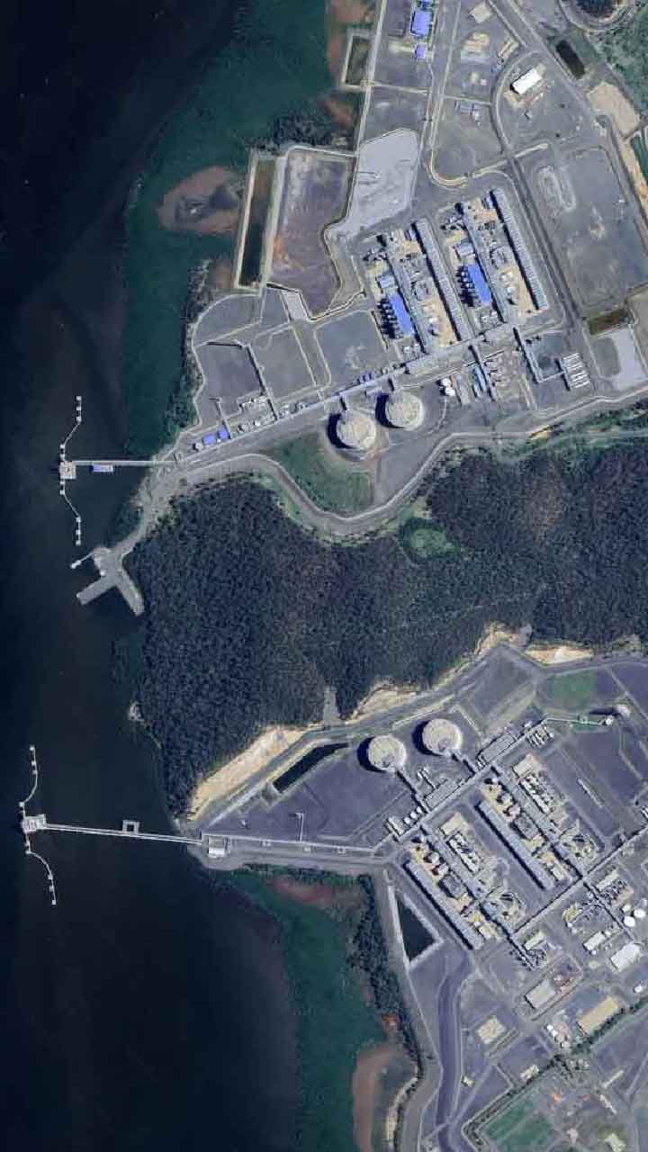 An aerial view of Shell's QCG natural gas plant on Curtis Island, Queensland.