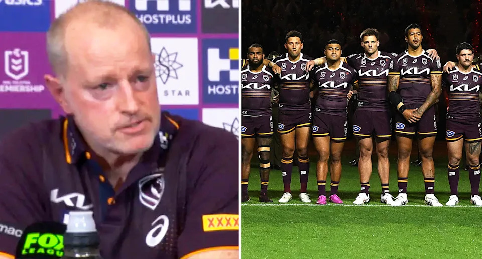 Michael Maguire alongside Jack Gosiewski and Broncos teammates.