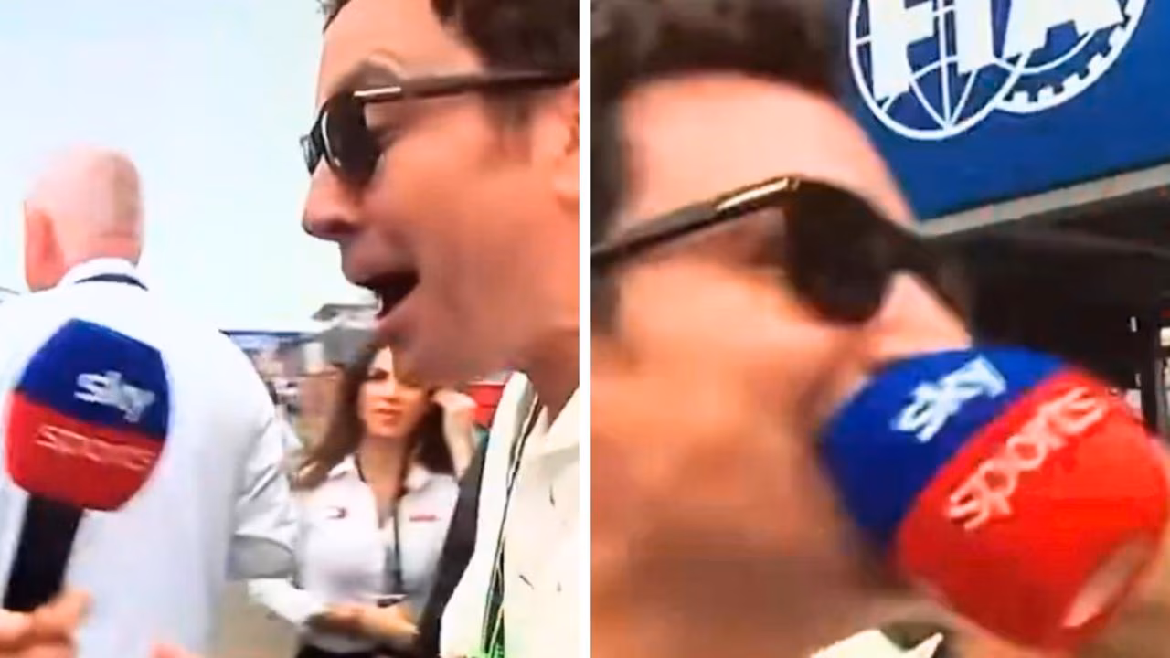 Jimmy Fallon bites Sky Sports microphone during Martin Brundle’s F1 gridwalk at the Miami Grand Prix