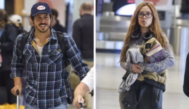 Aussie celeb couple Morgan Evans and Laci Kaye Booth keep their distance as they land in Australia