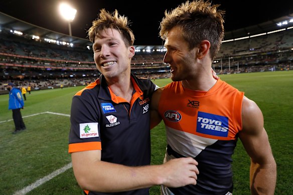 Matt de Boer (right) played with Toby Greene (left) and the Giants after 138 games with the Dockers. He’s now on the AFL Commission.