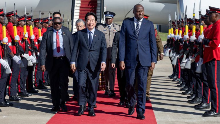 Taiwan President Lai Ching-te walks with Eswatini Prime Minister Russell Mmiso Dlamini upon arriving in Eswatini, May 2, 2026. Taiwan Presidential 