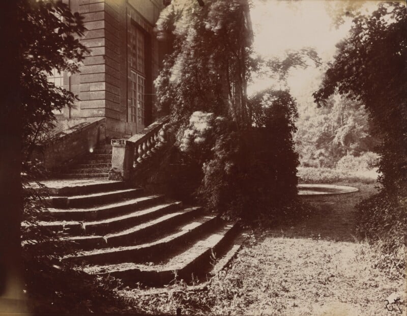 A sepia-toned photograph shows a stone staircase leading to a building’s entrance, surrounded by dense foliage and trees, with sunlight filtering through and a circular path visible in the background.